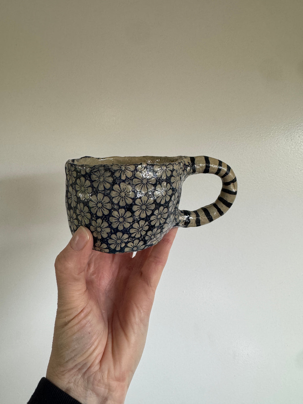 Handbuilt Ceramic Mug - Blue Florals with Stripey Handle