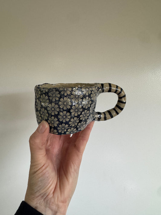 Handbuilt Ceramic Mug - Blue Florals with Stripey Handle