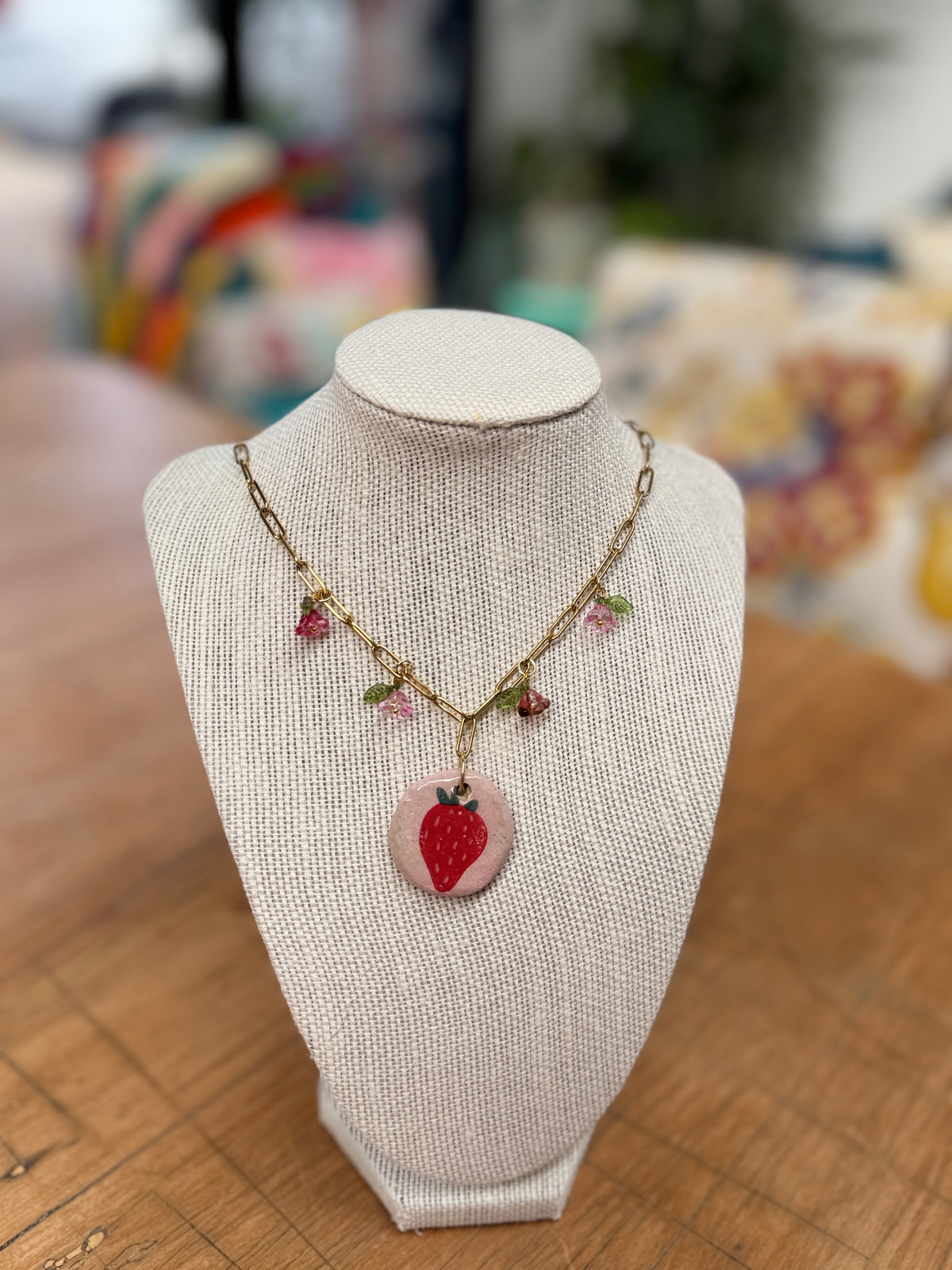 Ceramic Strawberry Pendant Necklace with Flower Charms