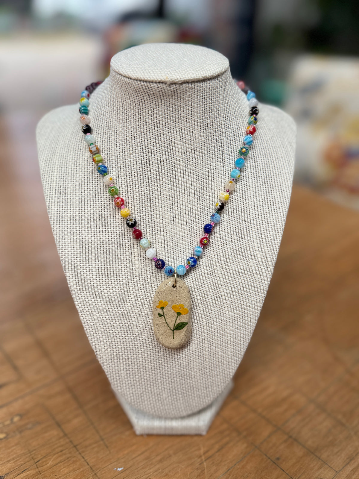 Beaded Necklace with Ceramic Yellow Flowers Pendant