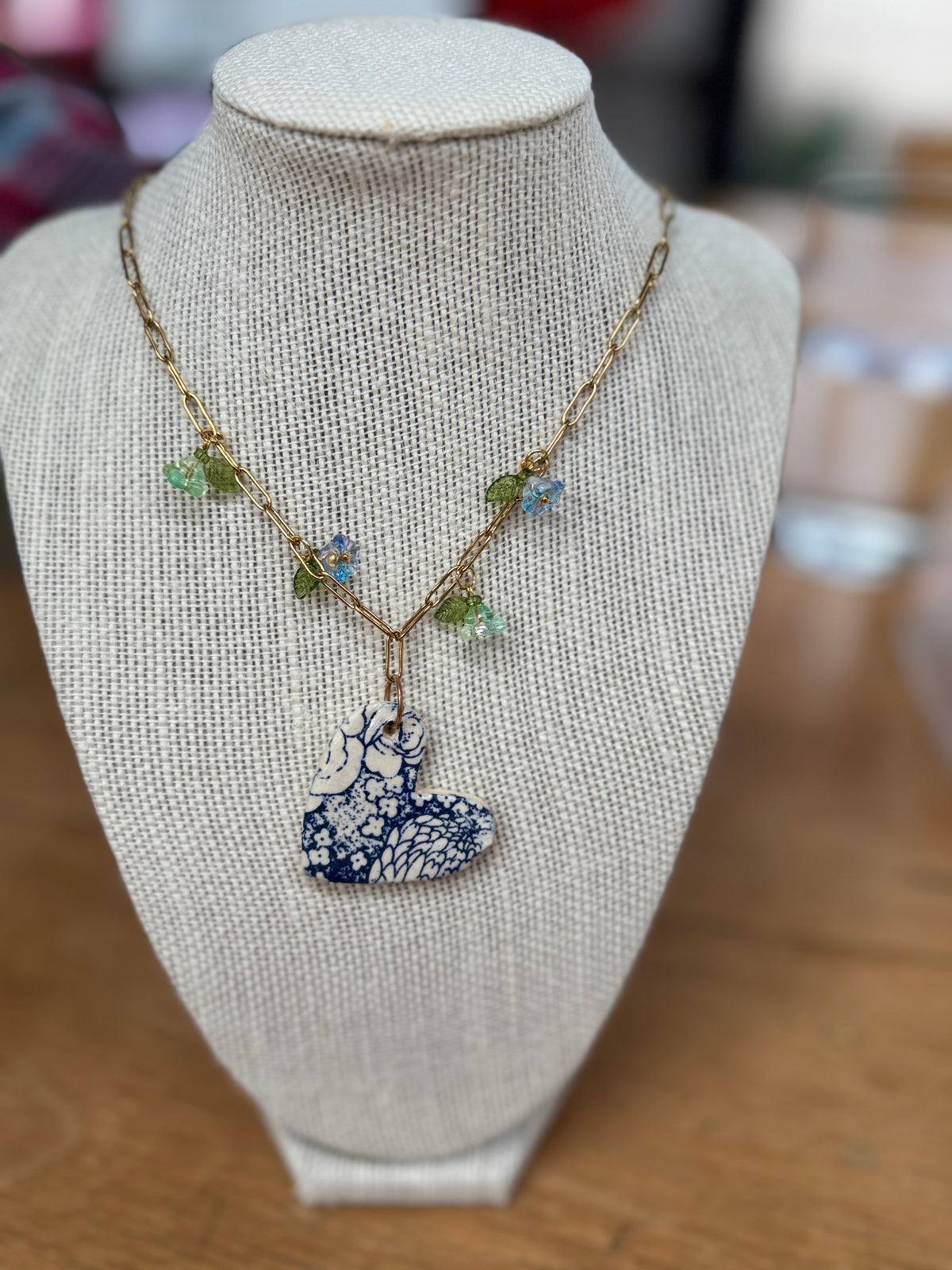 Ceramic Blue Heart Pendant Necklace with Flower Charms