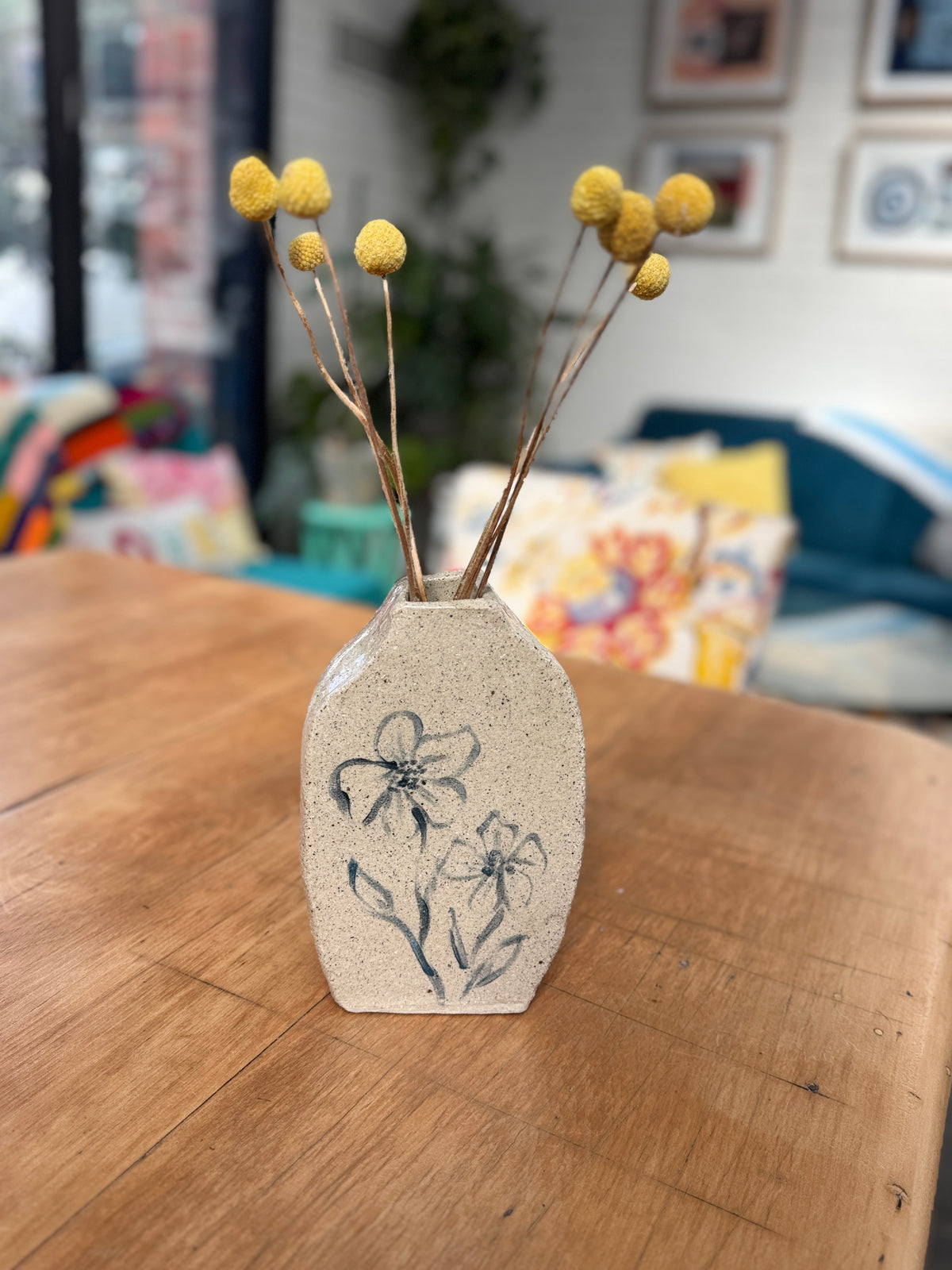 Handbuilt Ceramic Vase with Handpainted Blue Flowers