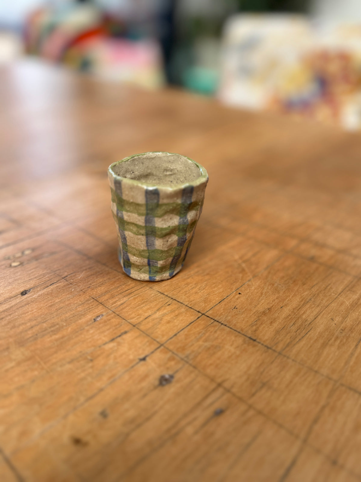 Handbuilt Ceramic Vase / Espresso Mug - Green & Blue Gingham
