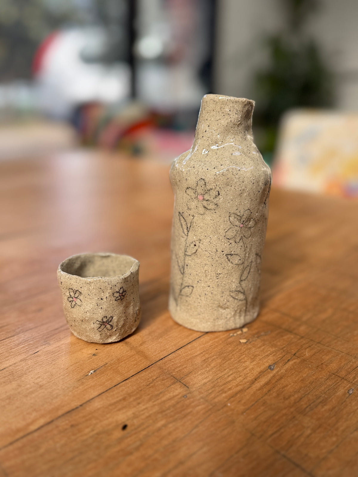 Handbuilt Ceramic Carafe with Hand drawn Flowers