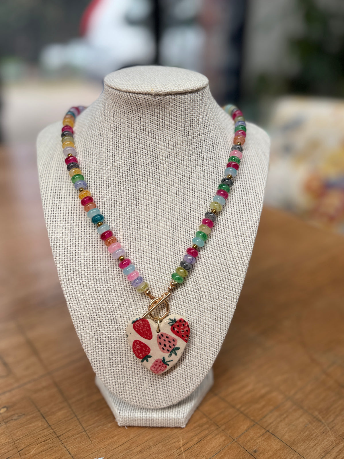 Beaded Necklace with Ceramic Strawberry Heart Pendant