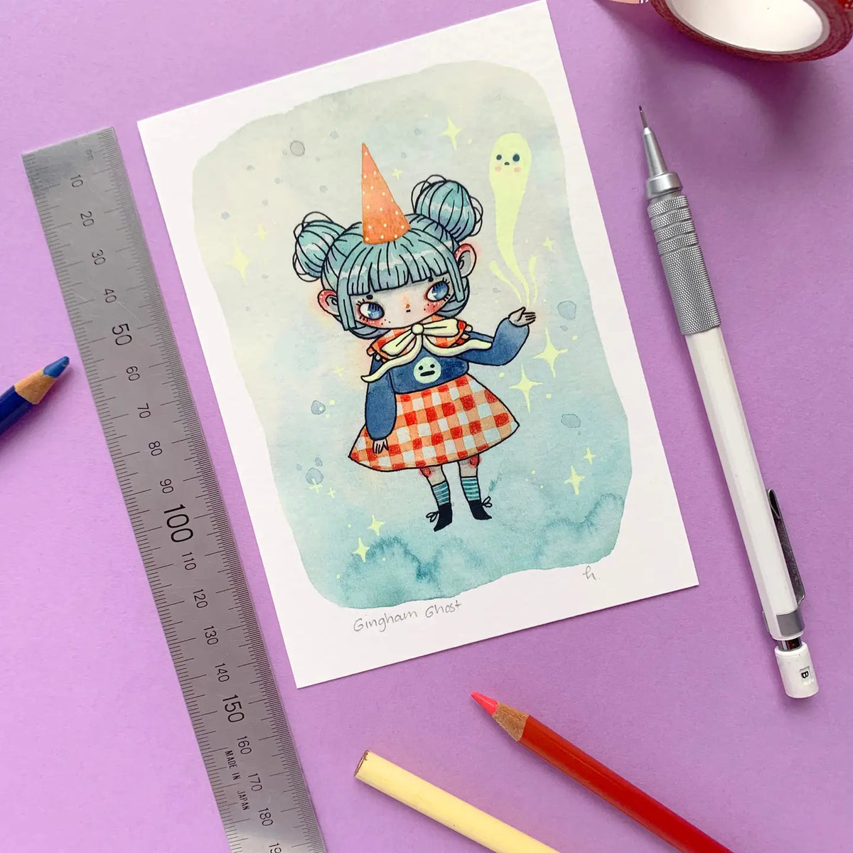 Hannakin Mini Art Print (A6) - Gingham Ghost