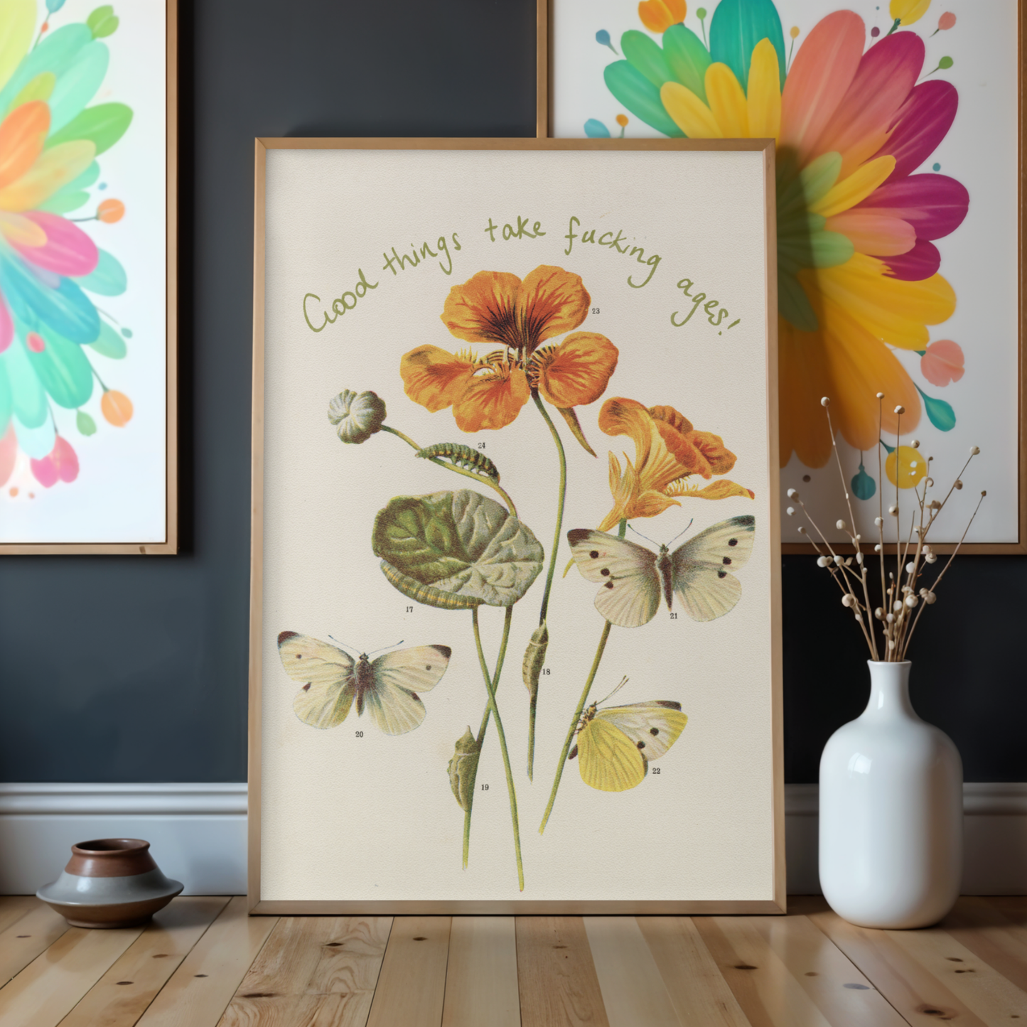 Good Things Take F*cking Ages Printable Wall Art – Vintage Floral Quote Print, Motivational Office Decor, Instant Download Poster