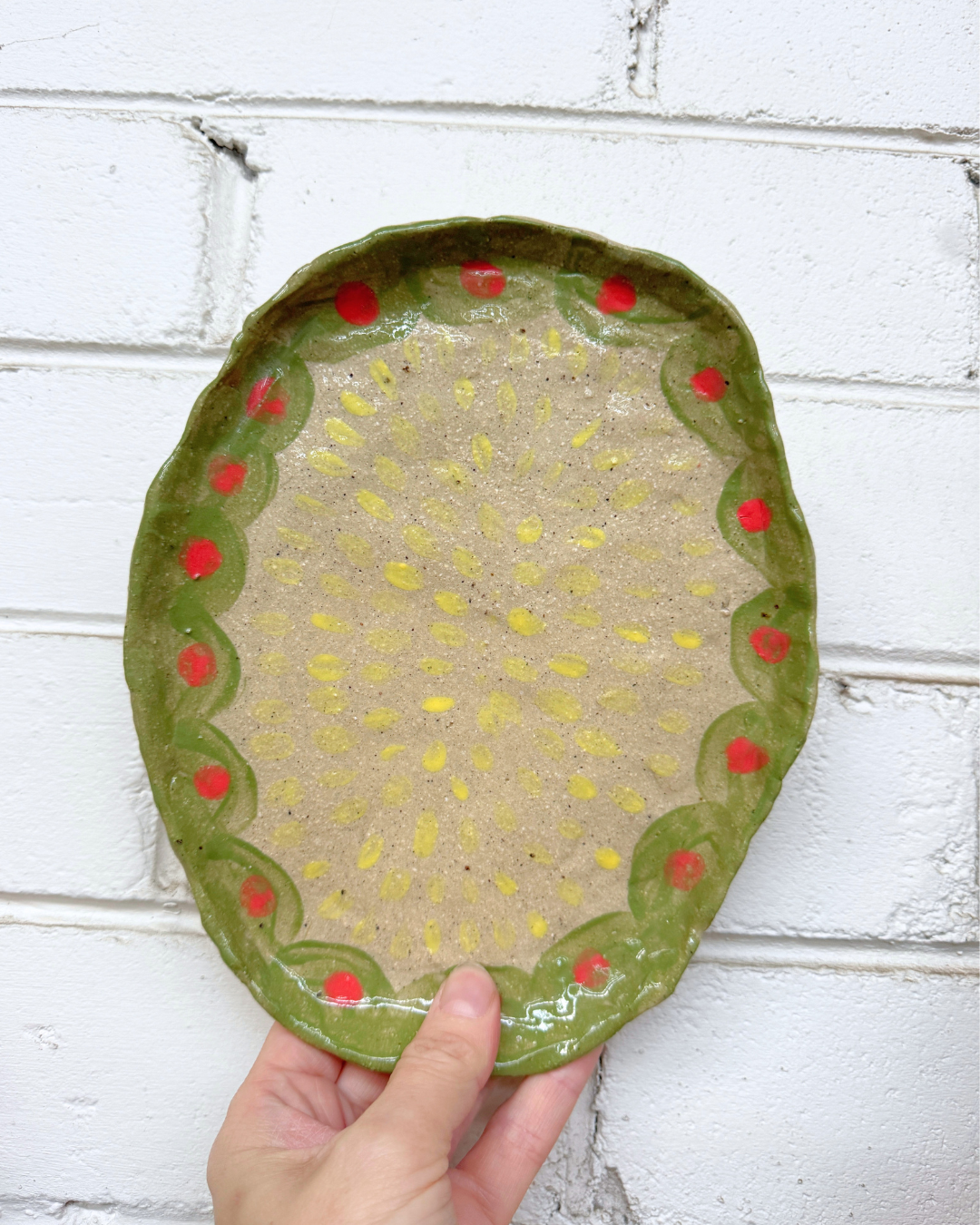 Green Scallop Ceramic Platter – Handbuilt Small Platter / Medium Plate