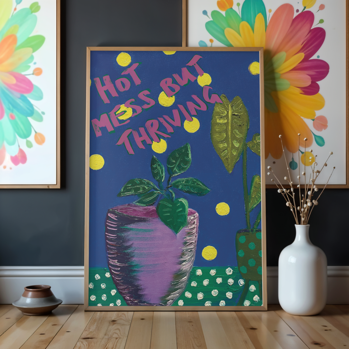 Hot Mess But Thriving Printable Wall Art – Funny Motivational Quote Print, Office or Studio Poster, Instant Download