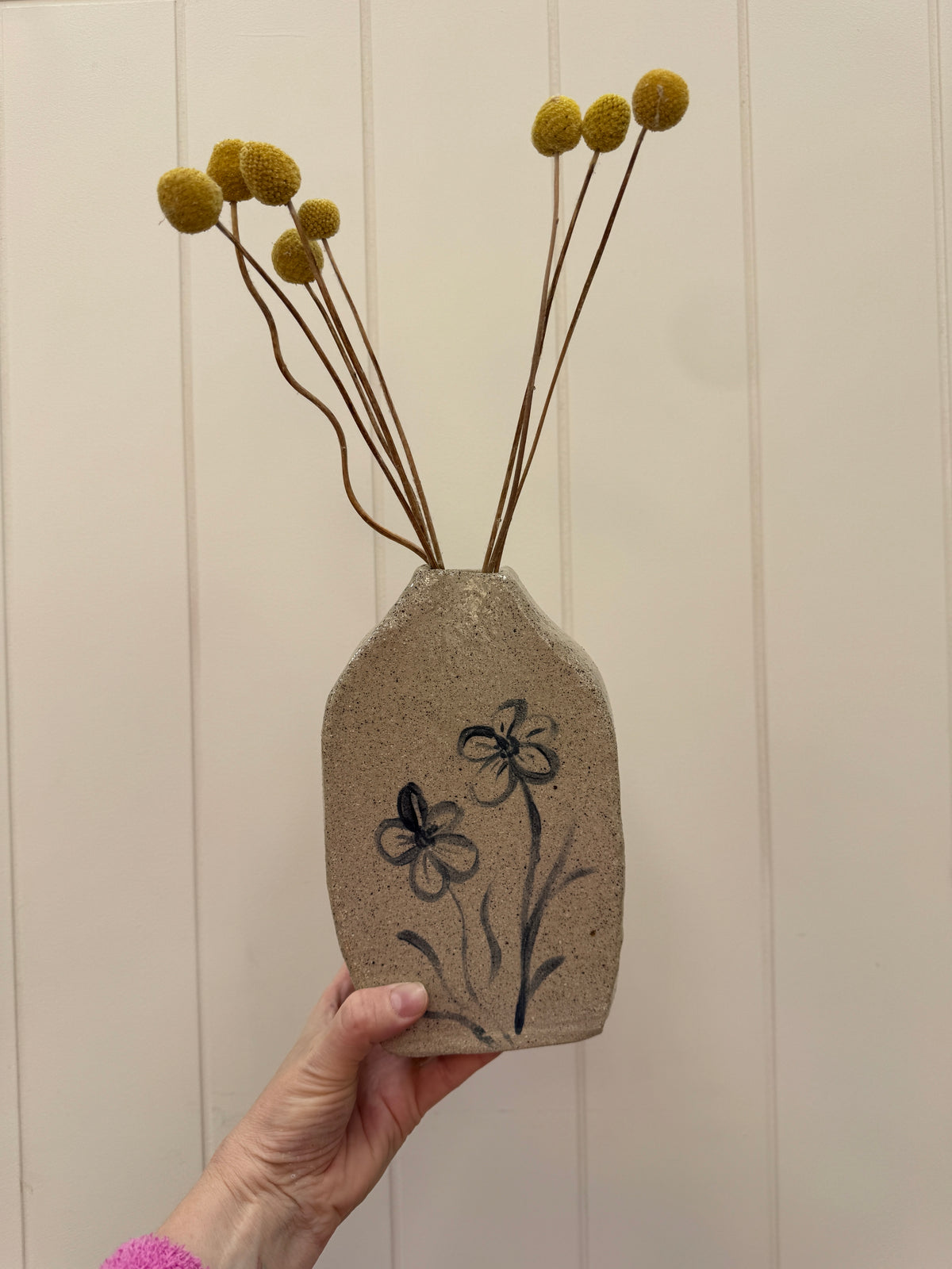 Handbuilt Ceramic Vase with Handpainted Blue Flowers