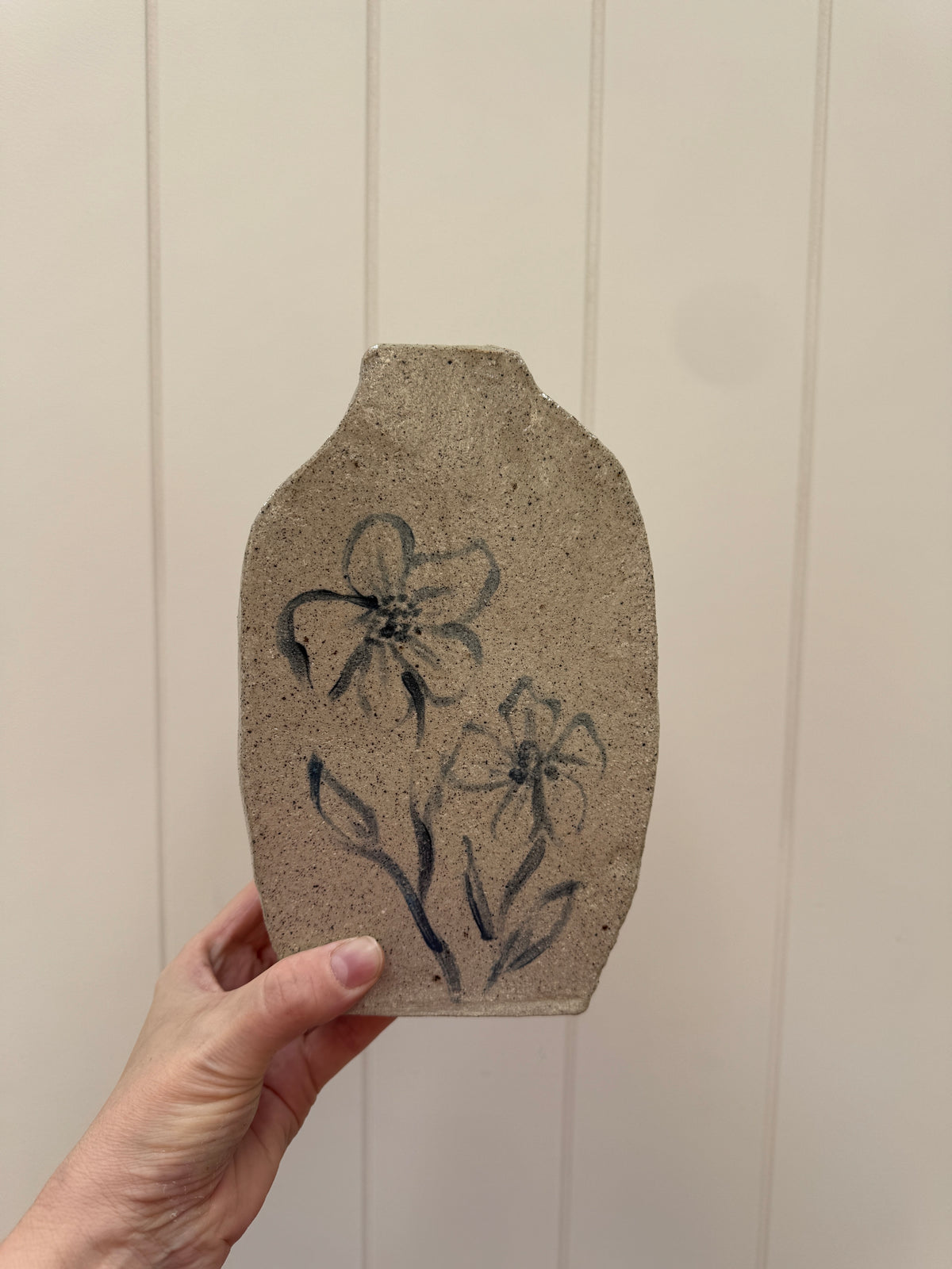 Handbuilt Ceramic Vase with Handpainted Blue Flowers