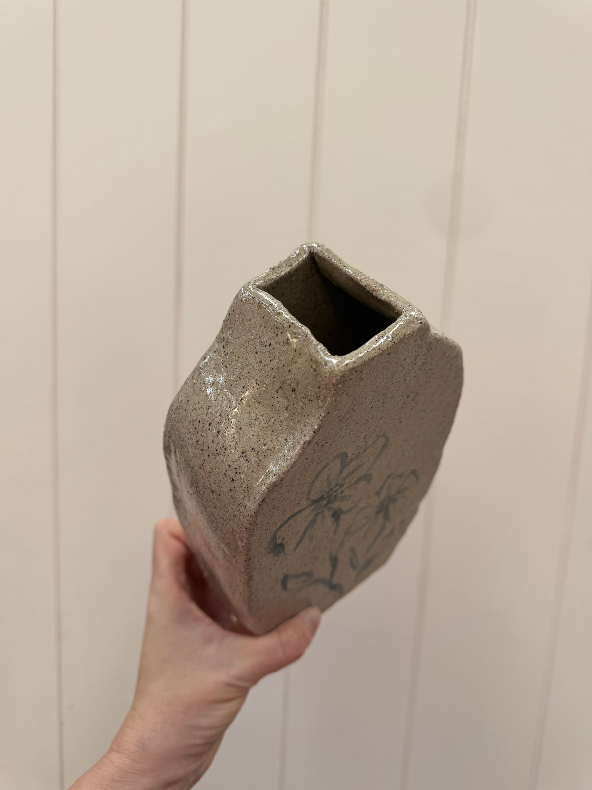 Handbuilt Ceramic Vase with Handpainted Blue Flowers