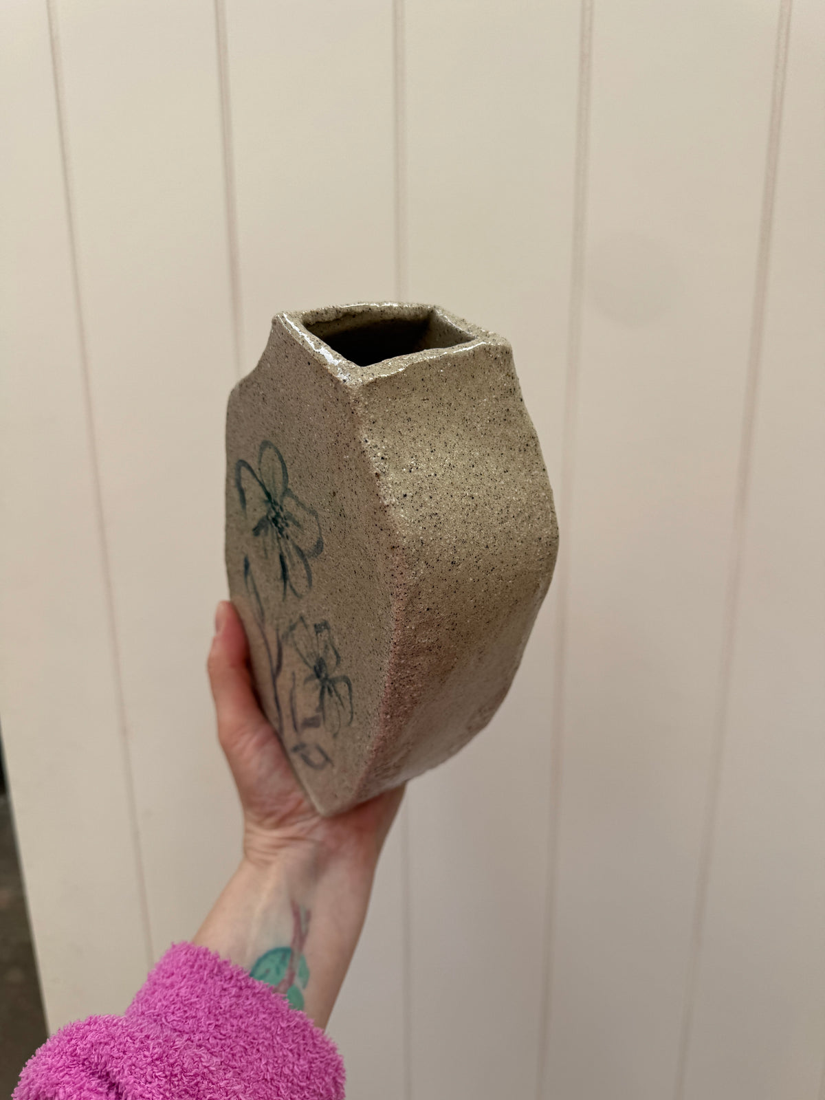 Handbuilt Ceramic Vase with Handpainted Blue Flowers