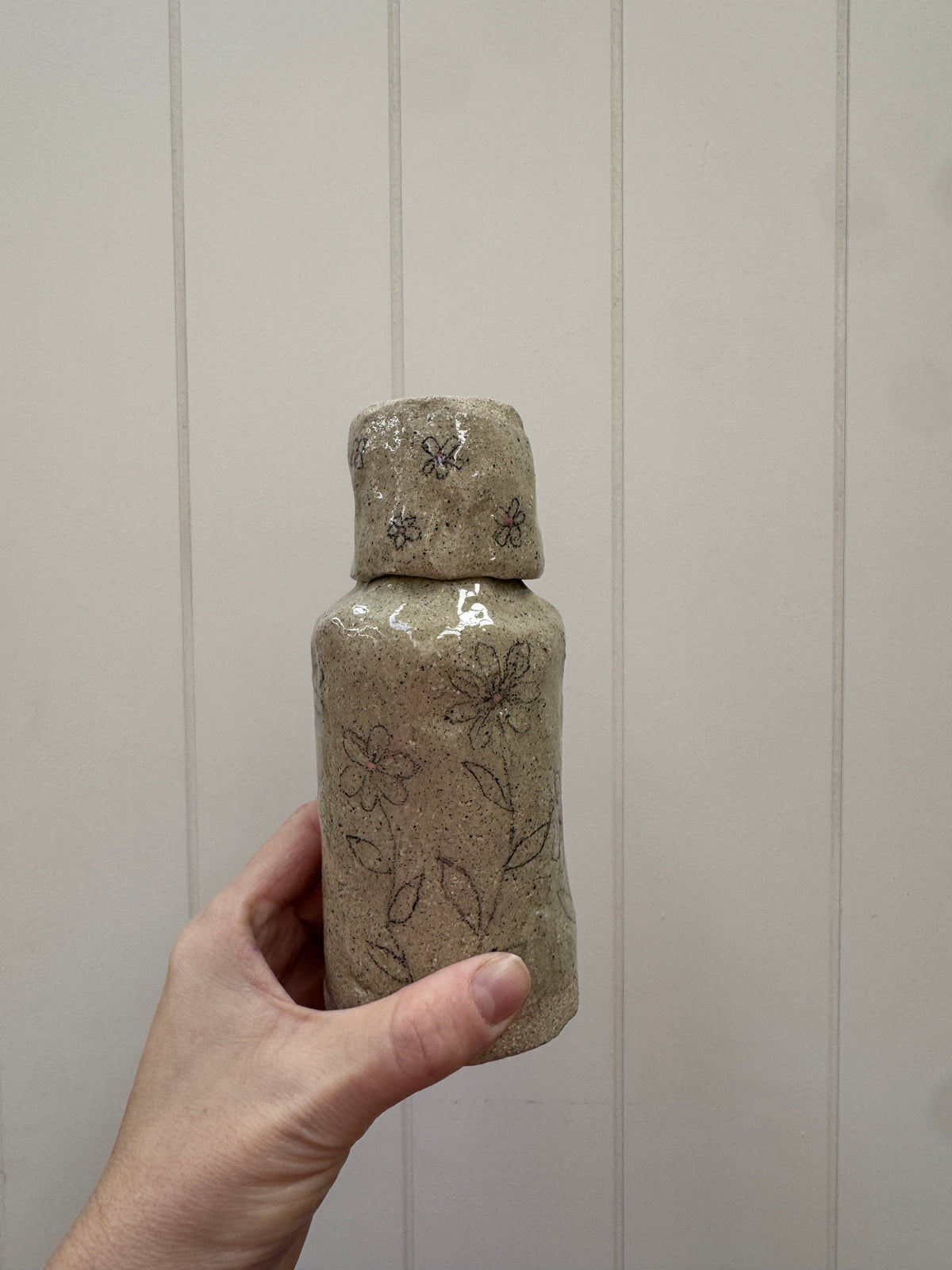 Handbuilt Ceramic Carafe with Hand drawn Flowers