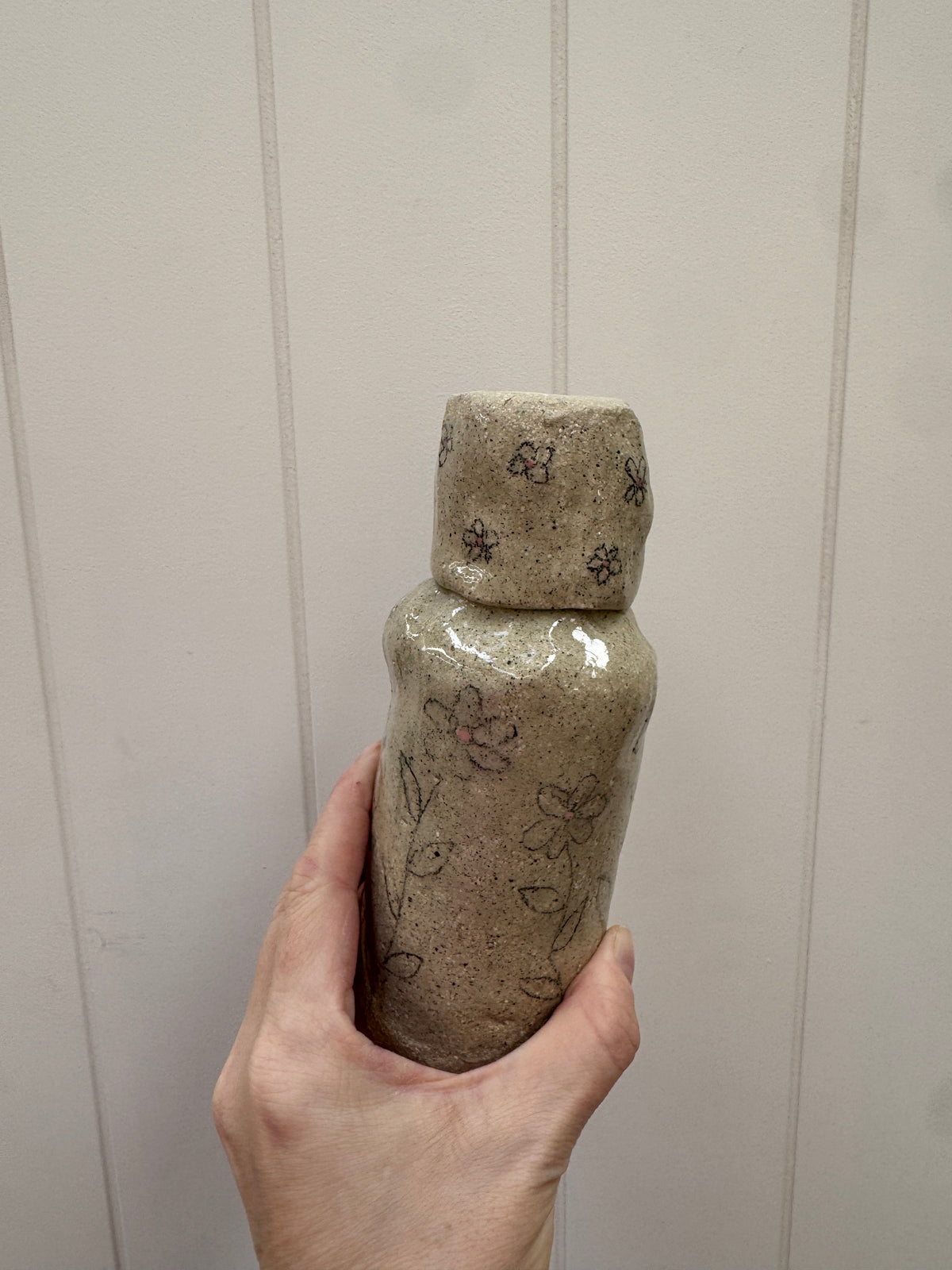 Handbuilt Ceramic Carafe with Hand drawn Flowers