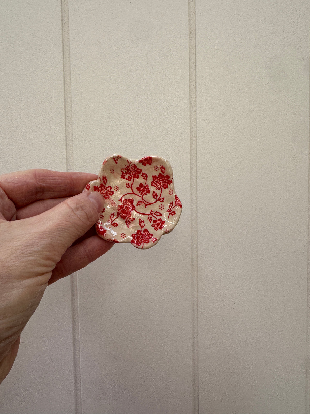 Handbuilt Ceramic Scalloped Red Floral Mini Trinket Dish