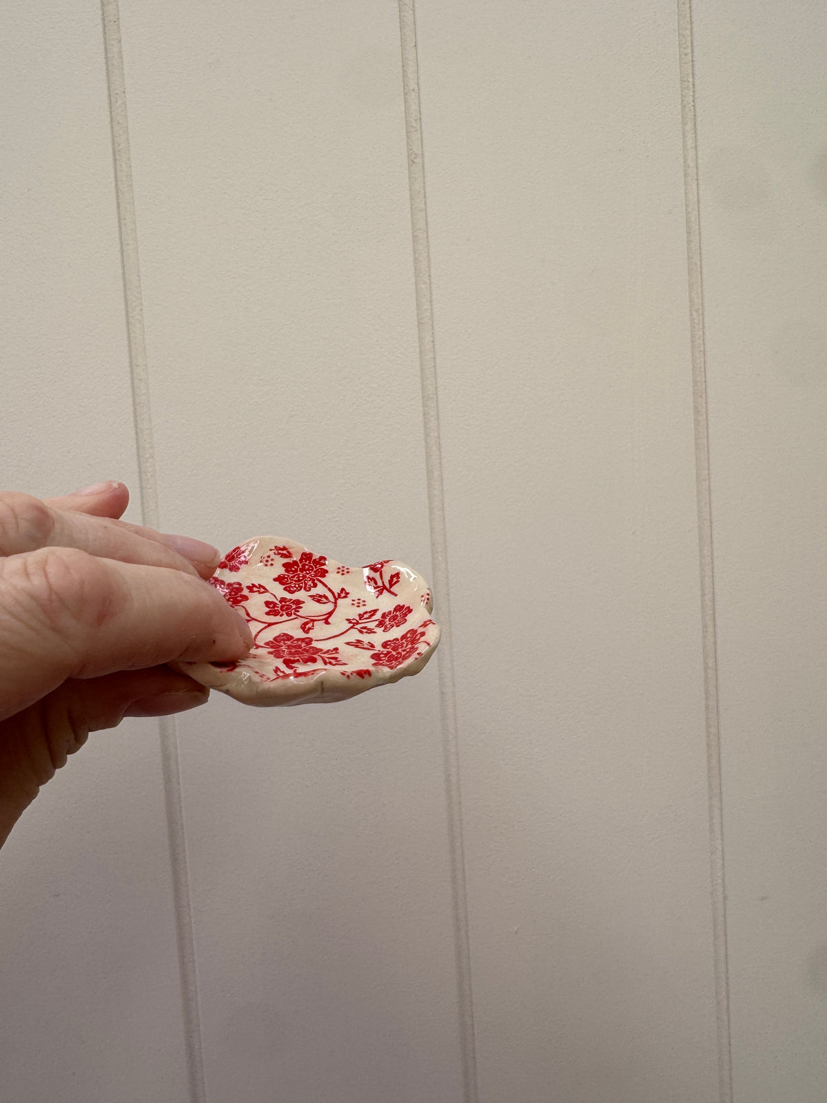 Handbuilt Ceramic Scalloped Red Floral Mini Trinket Dish