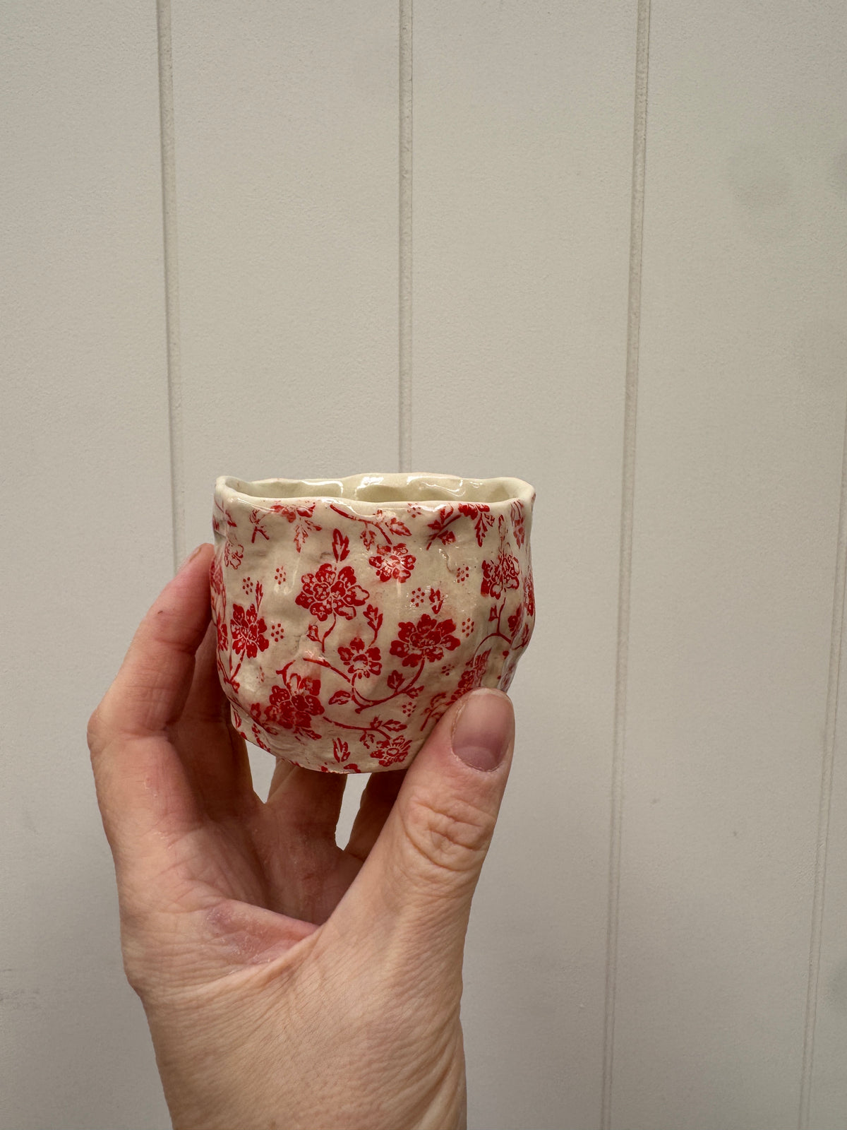 Red Floral One of a Kind Handbuilt Ceramic Vessel / Espresso Mug