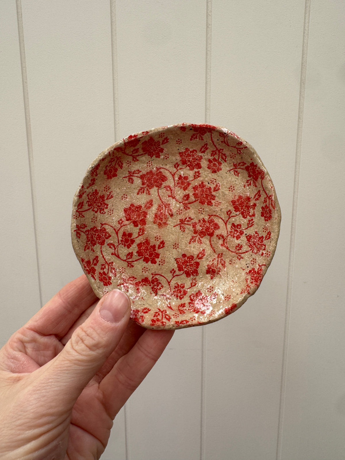 Handbuilt Ceramic Red Floral Trinket Dish
