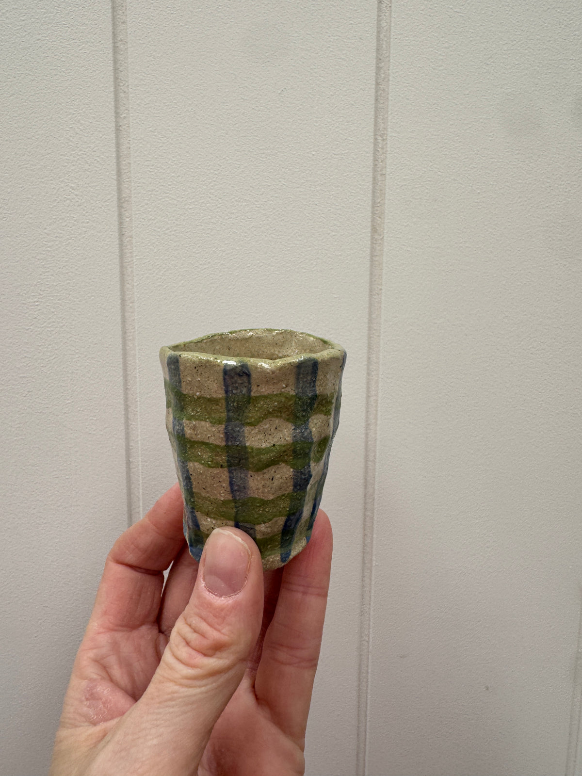 Handbuilt Ceramic Vase / Espresso Mug - Green & Blue Gingham