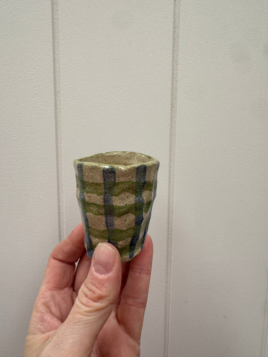 Handbuilt Ceramic Vase / Espresso Mug - Green & Blue Gingham