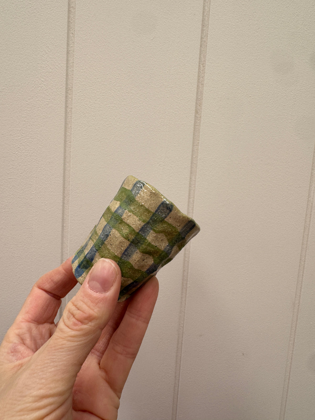 Handbuilt Ceramic Vase / Espresso Mug - Green & Blue Gingham