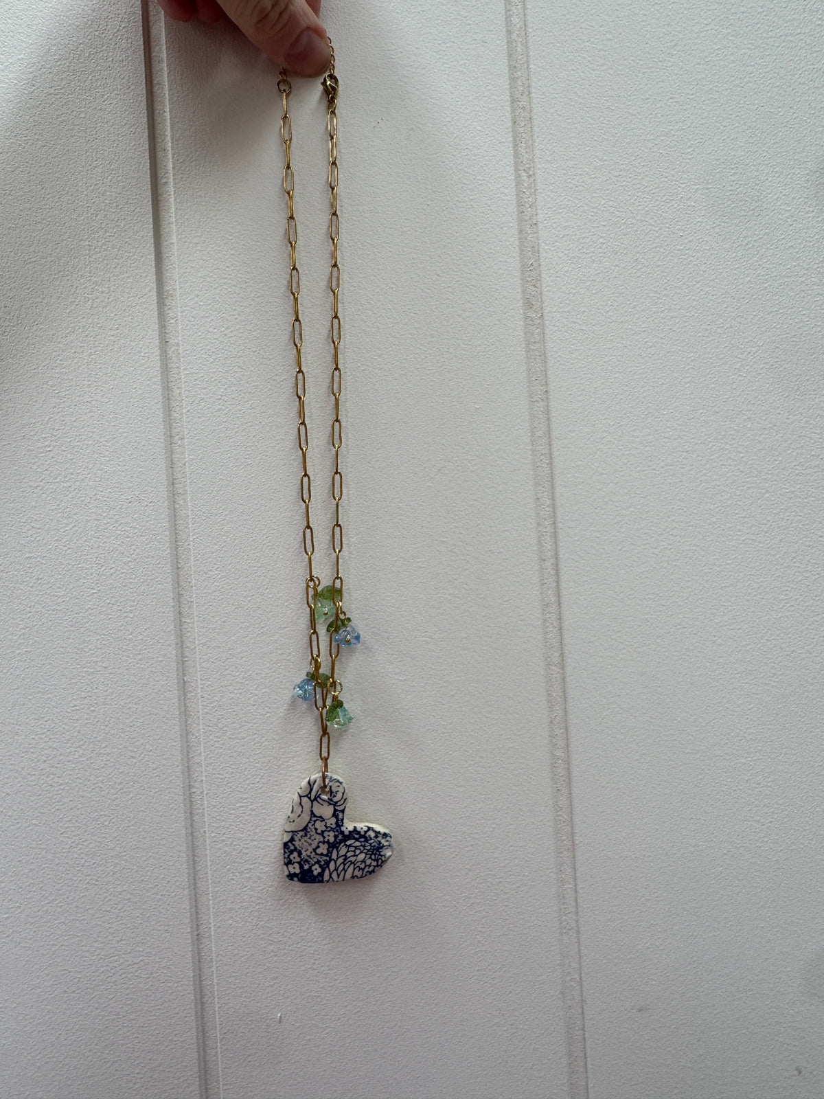Ceramic Blue Heart Pendant Necklace with Flower Charms