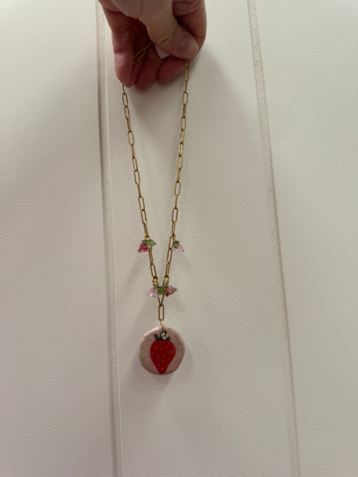 Ceramic Strawberry Pendant Necklace with Flower Charms