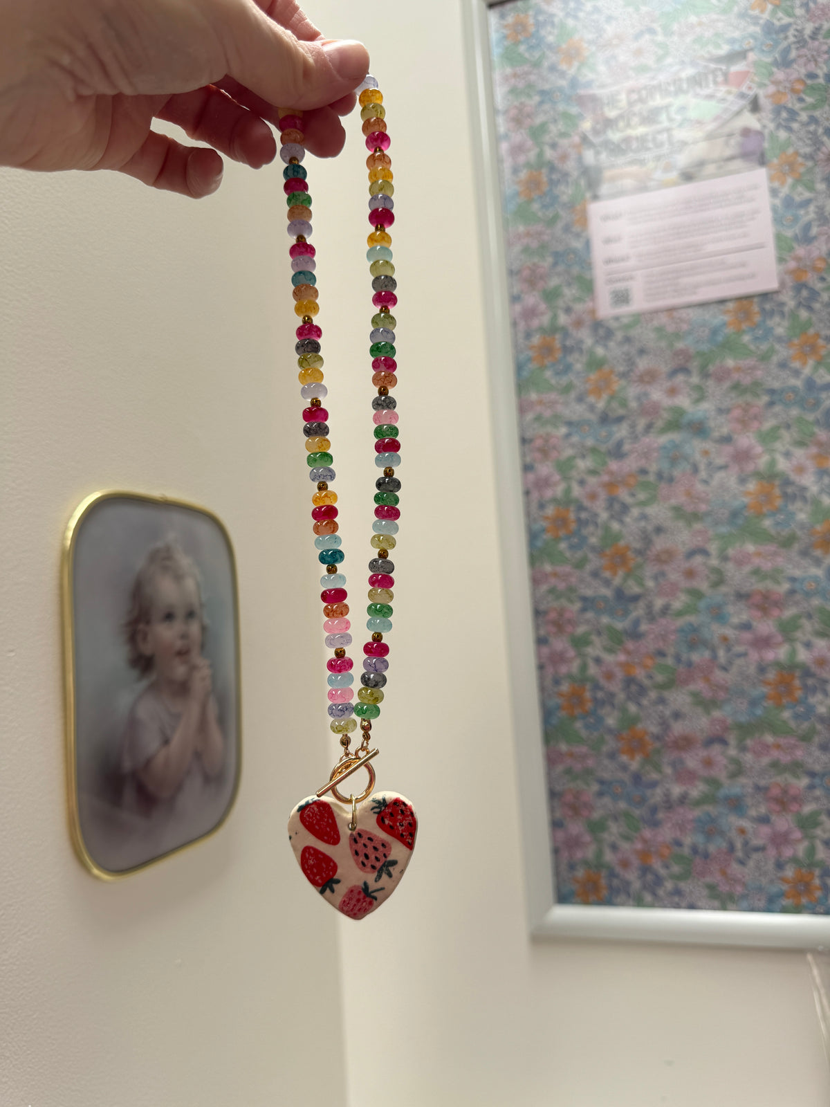 Beaded Necklace with Ceramic Strawberry Heart Pendant