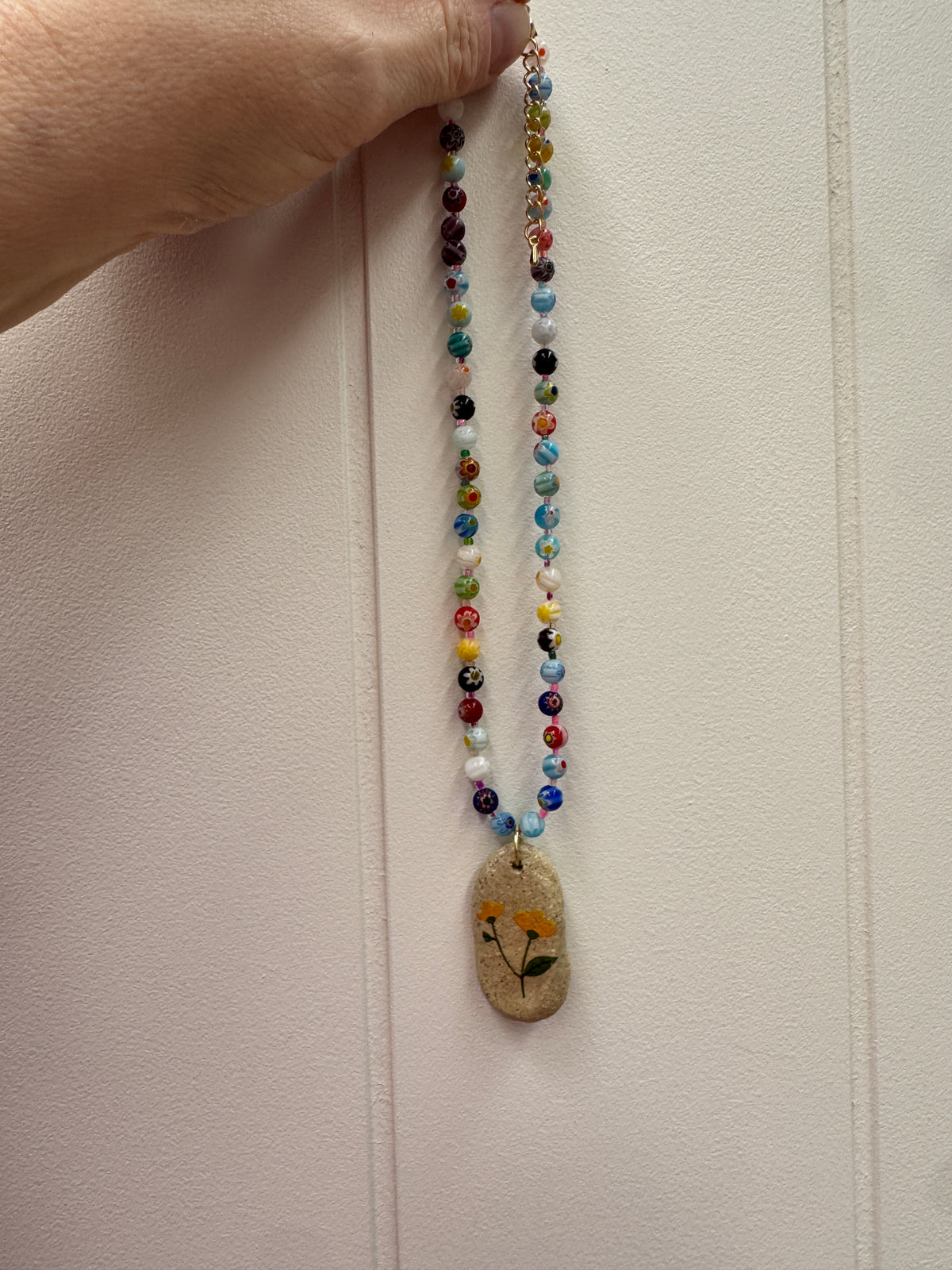 Beaded Necklace with Ceramic Yellow Flowers Pendant