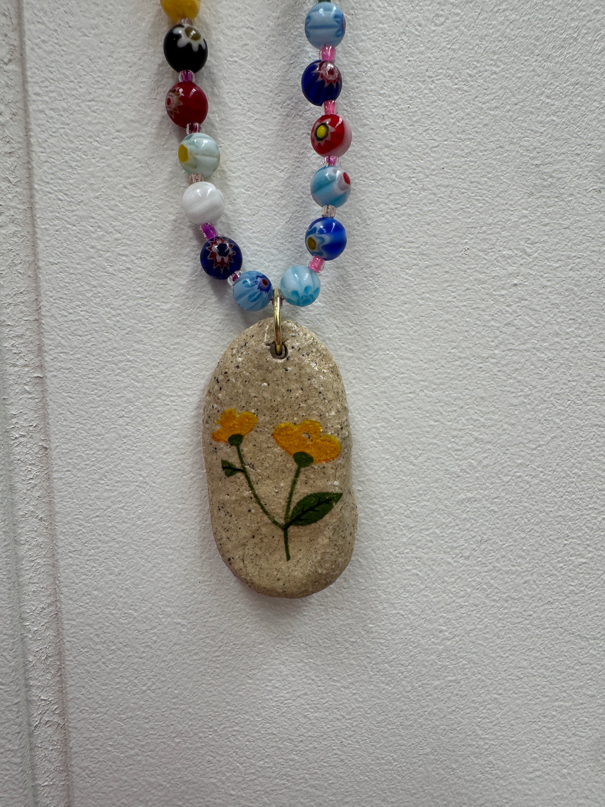 Beaded Necklace with Ceramic Yellow Flowers Pendant
