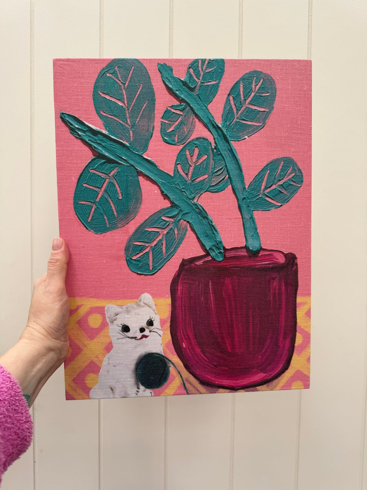 Linen Art Print on Wood Panel - Floral Folklore #4 with Cat