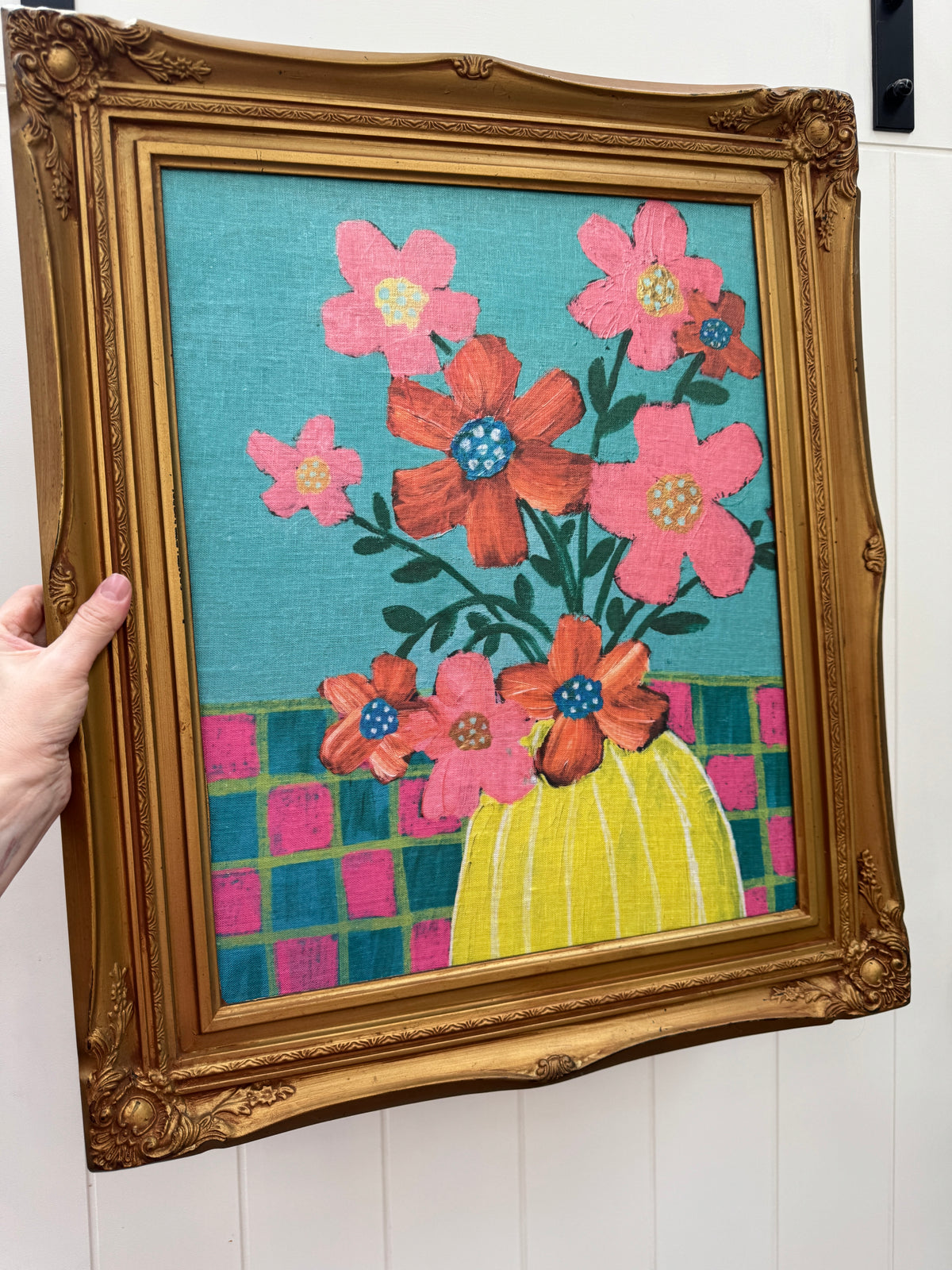 Linen Art Print in Beautiful Vintage Frame - Floral Folklore #1