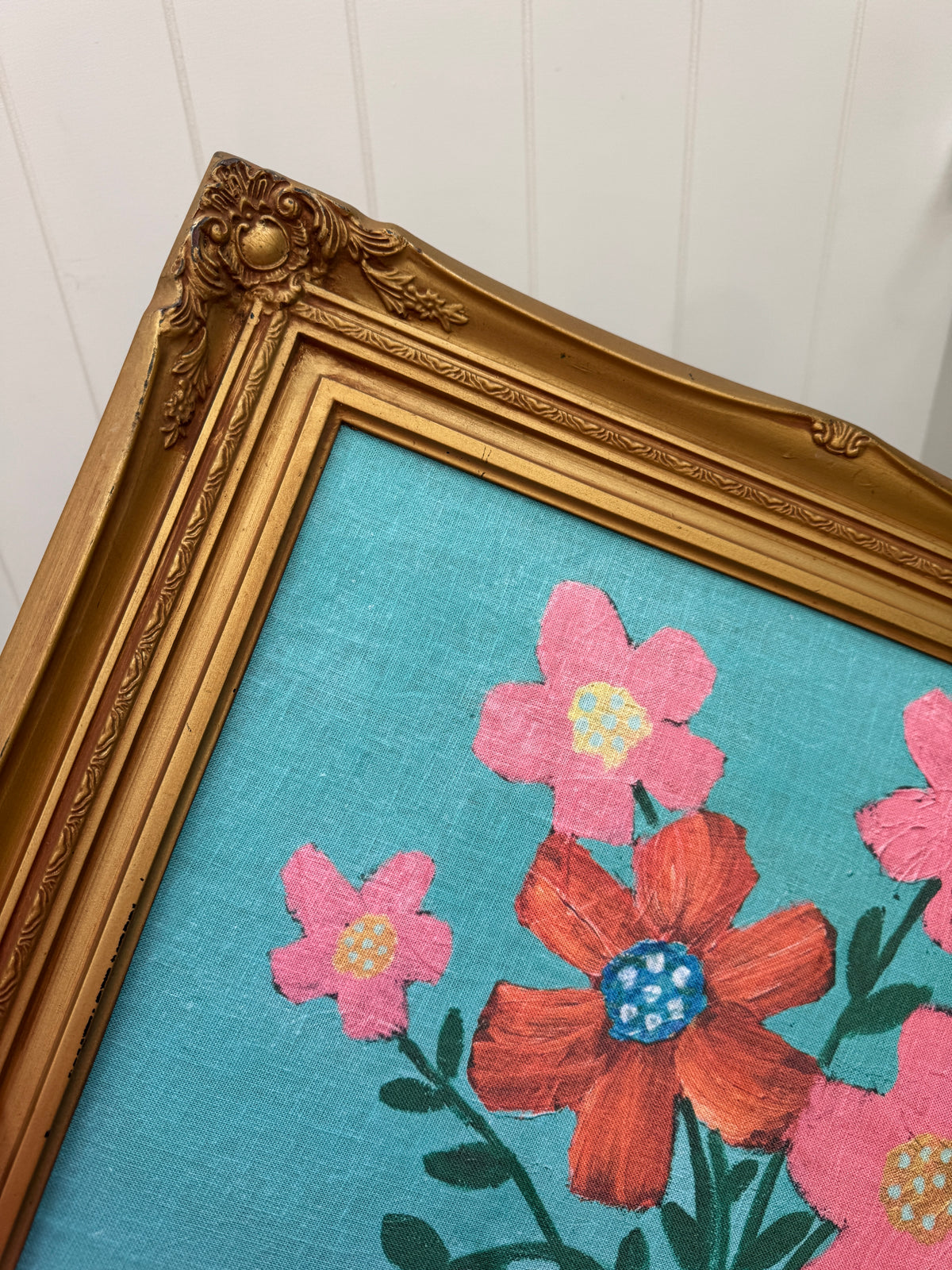 Linen Art Print in Beautiful Vintage Frame - Floral Folklore #1