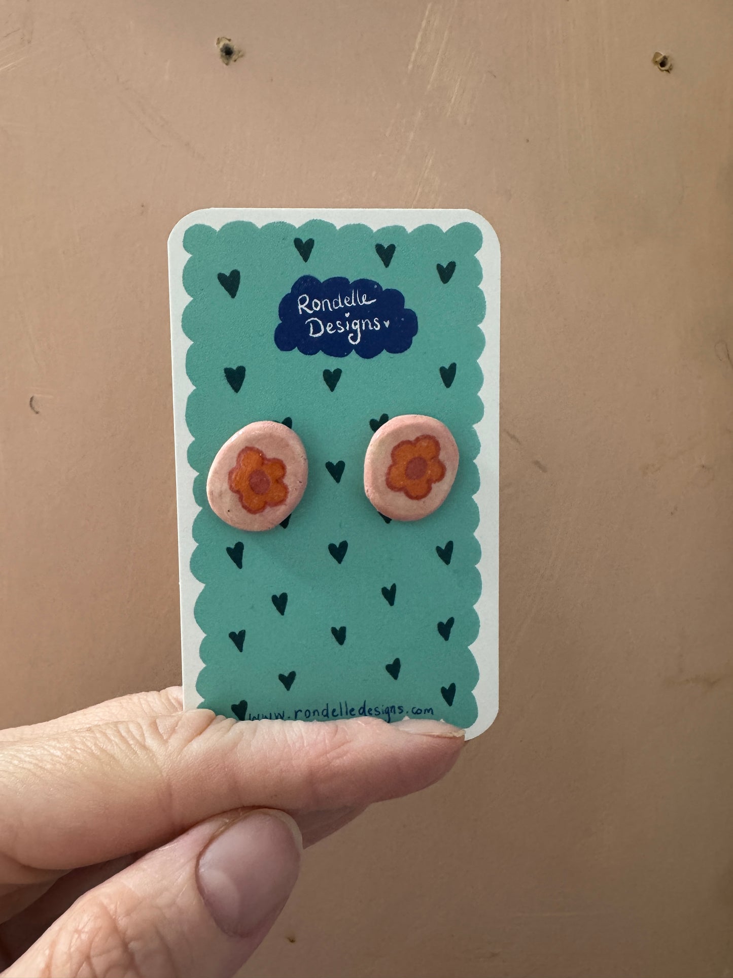 Handmade Ceramic Stud Earrings - Pink & Orange Flower
