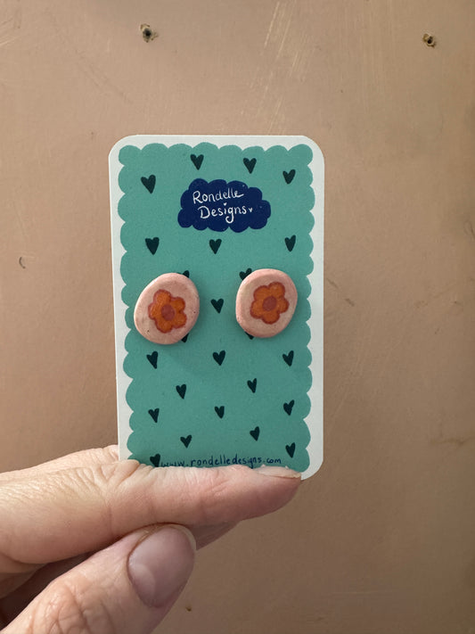 Handmade Ceramic Stud Earrings - Pink & Orange Flower