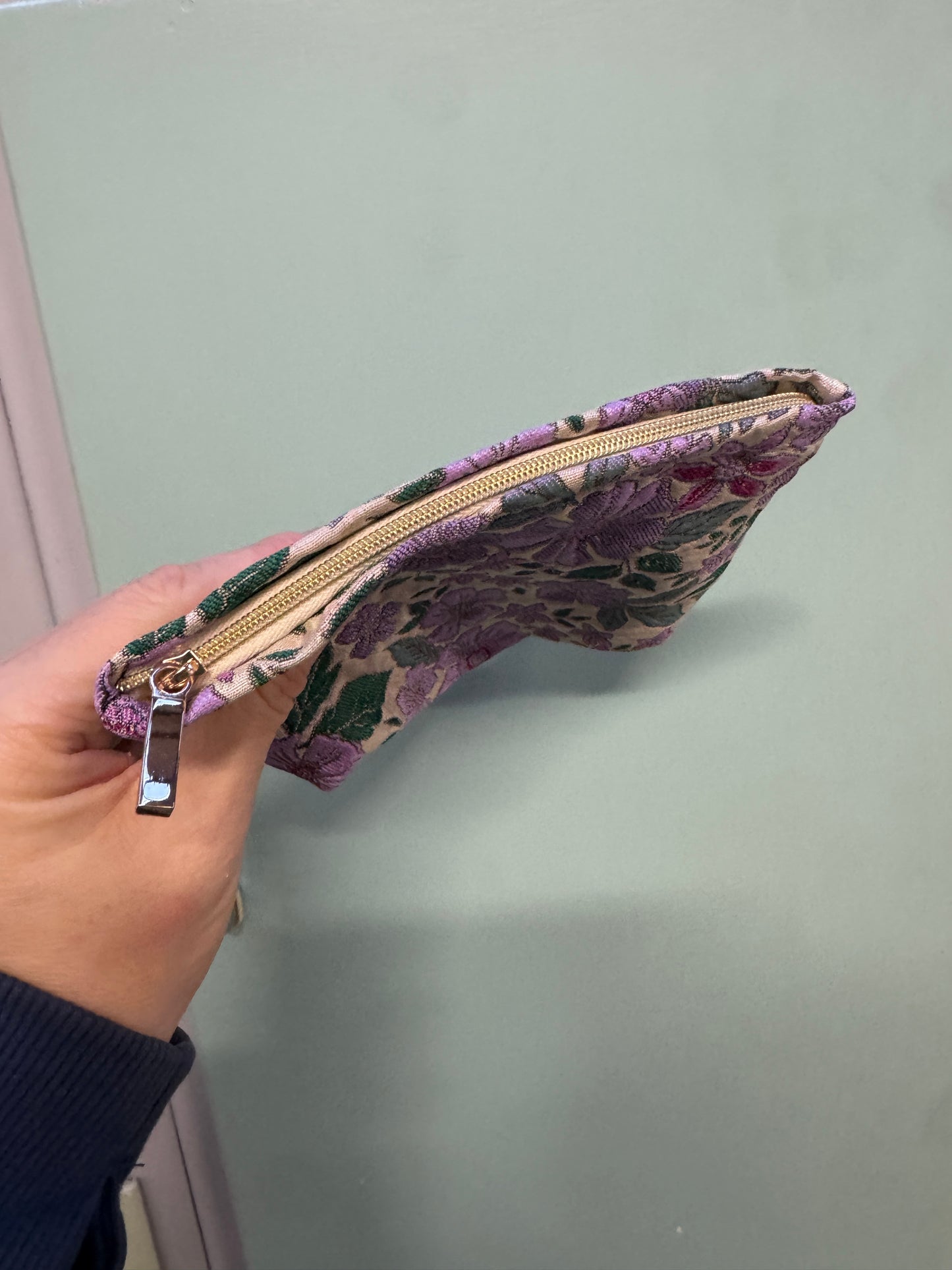 Purple & Green Woven Floral Zipper Pouch