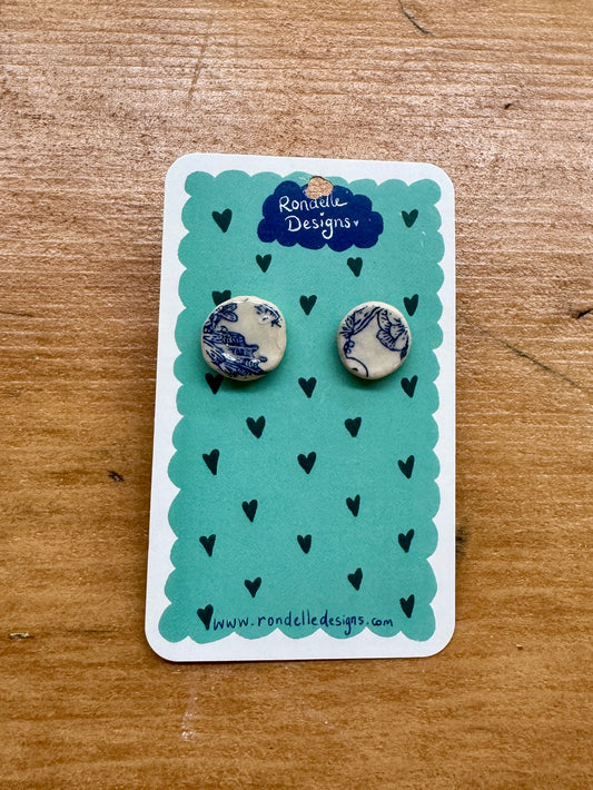 Handmade Ceramic Stud Earrings - Blue Florals 2