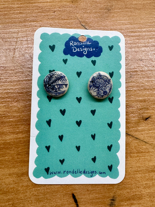 Handmade Ceramic Stud Earrings - Blue Florals 1