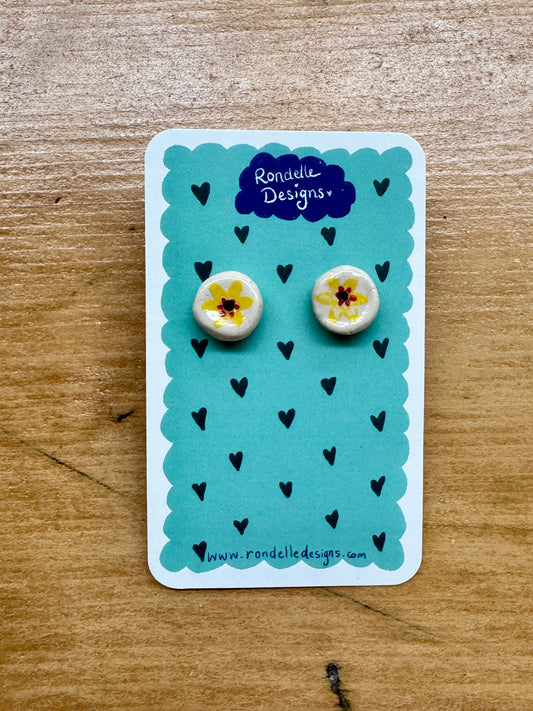 Handmade Ceramic Stud Earrings - Yellow Flowers 2