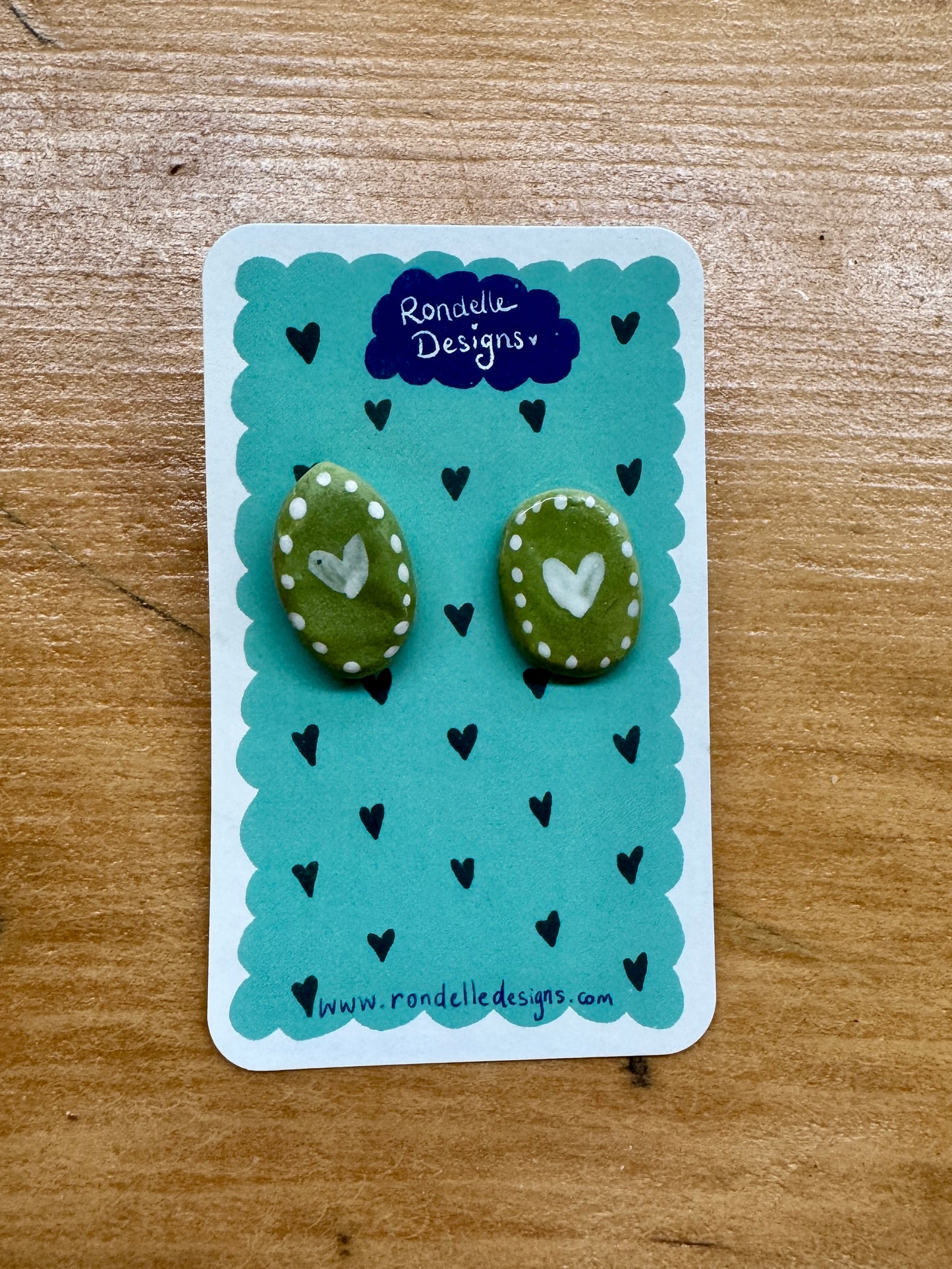 Handmade Ceramic Stud Earrings - Green Hearts