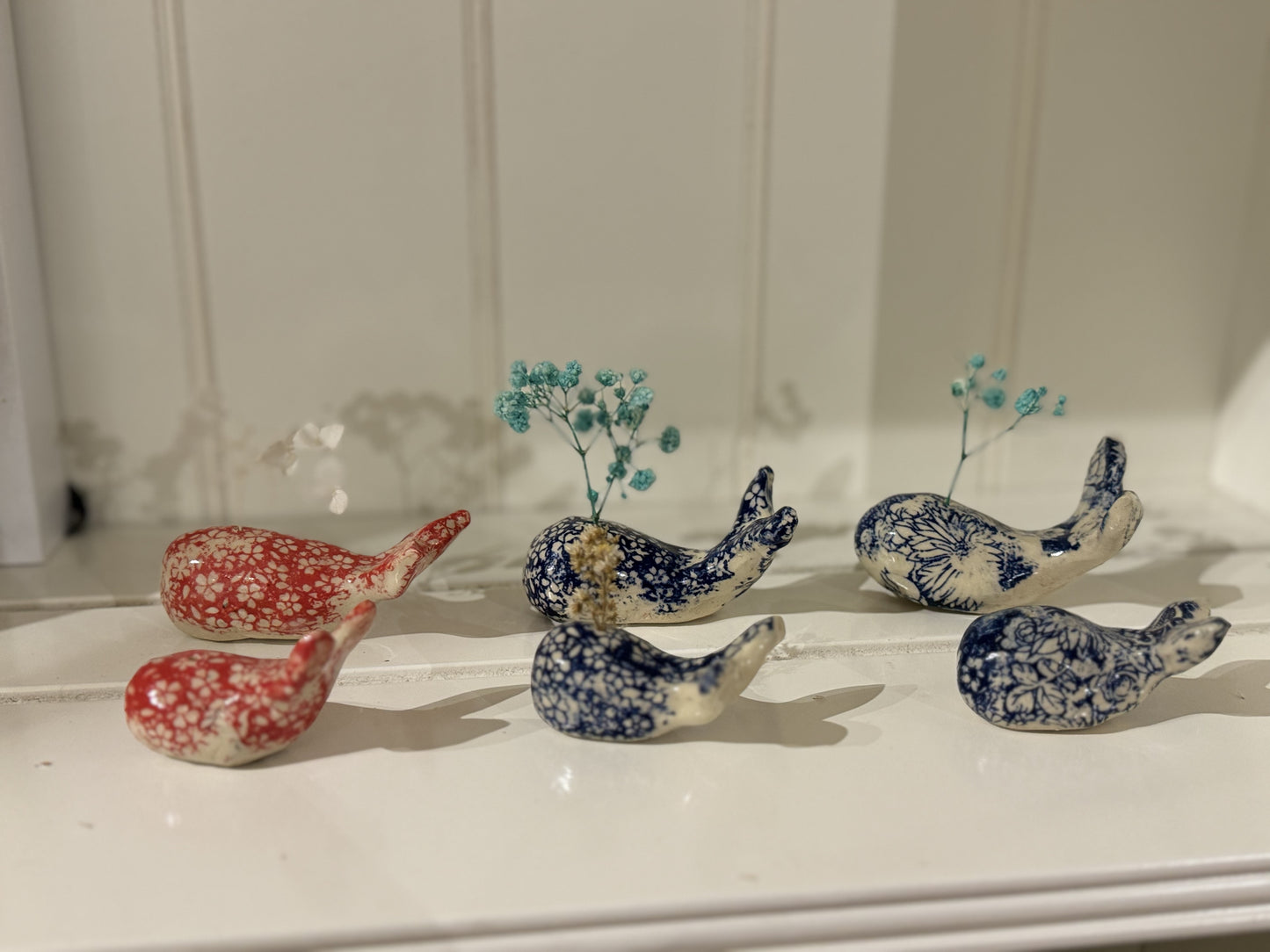 Ceramic Whale - Small Blue Florals