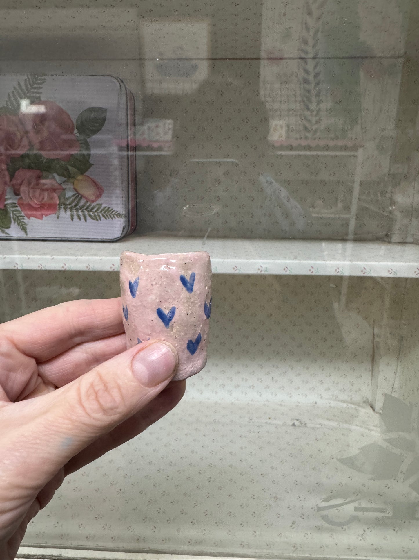 Small Ceramic Handbuilt Vase featuring Pink with blue heart hand painted design
