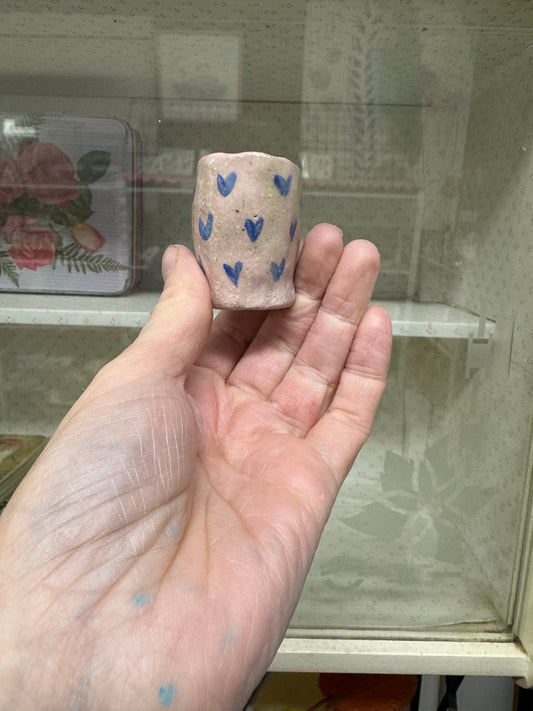 Small Ceramic Handbuilt Vase featuring Pink with blue heart hand painted design