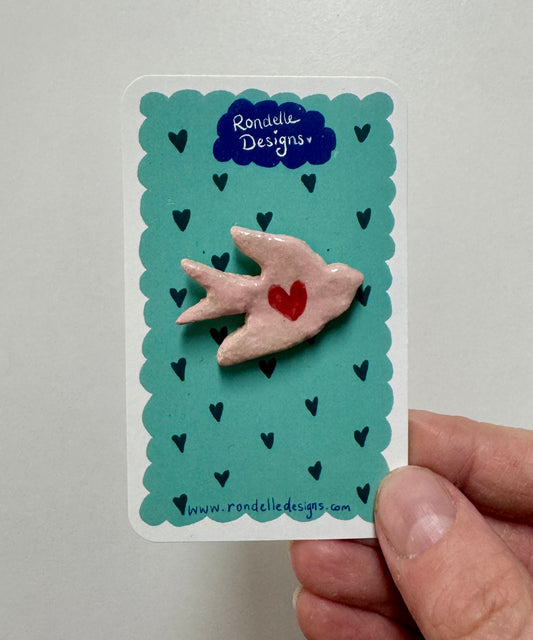 Ceramic Brooch - Bird - Pink with Red Heart
