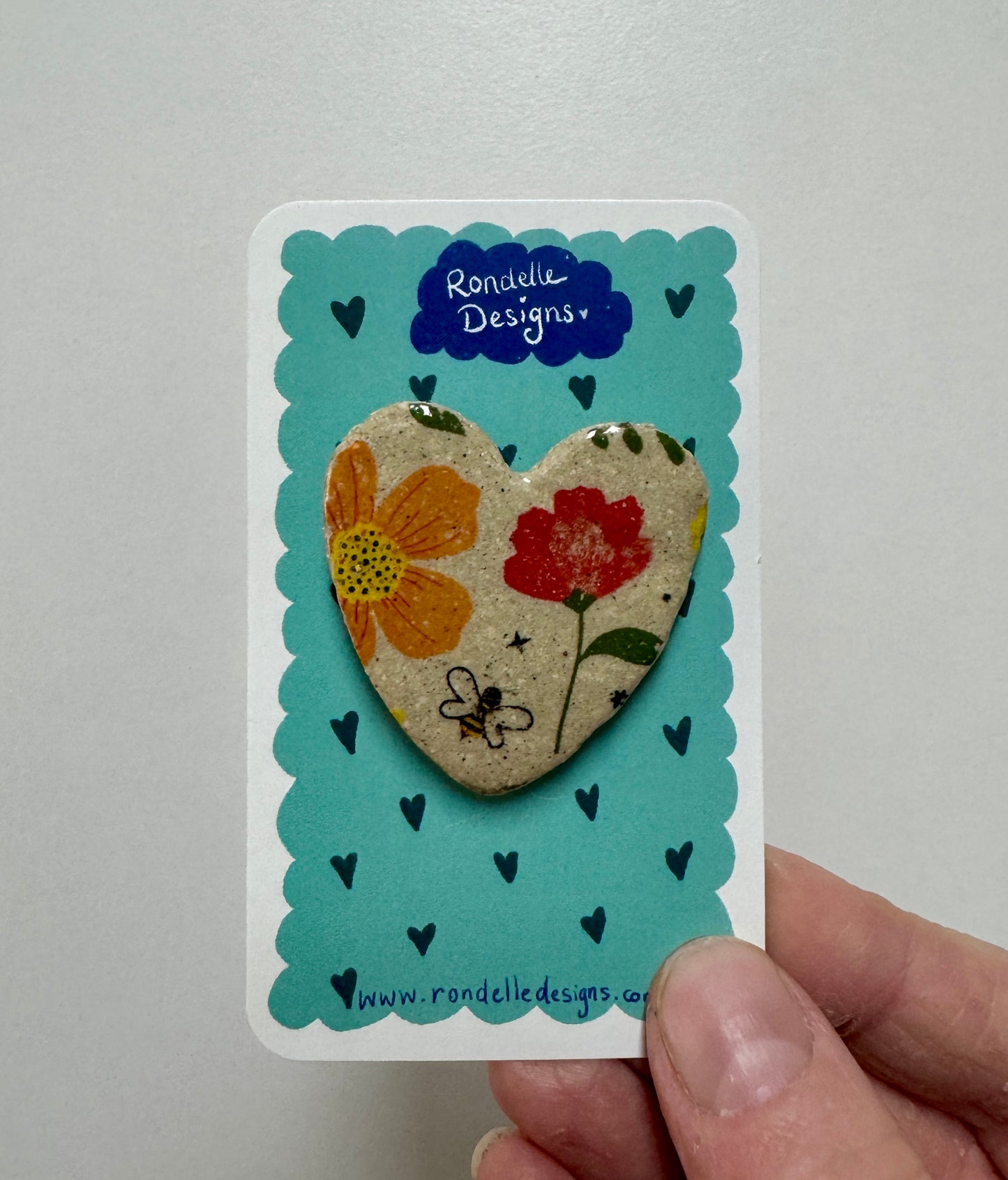 Ceramic Brooch - Heart - Bee Floral