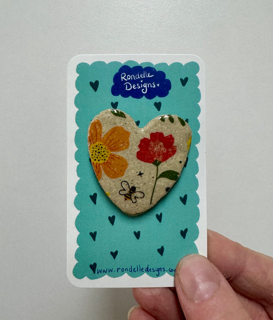 Ceramic Brooch - Heart - Bee Floral