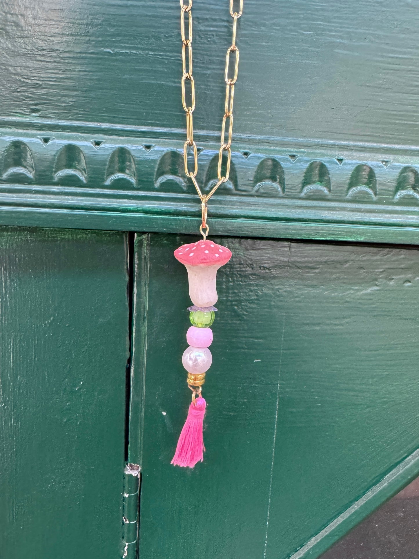 Handmade Ceramic Mushroom Necklace with Beads & Tassel