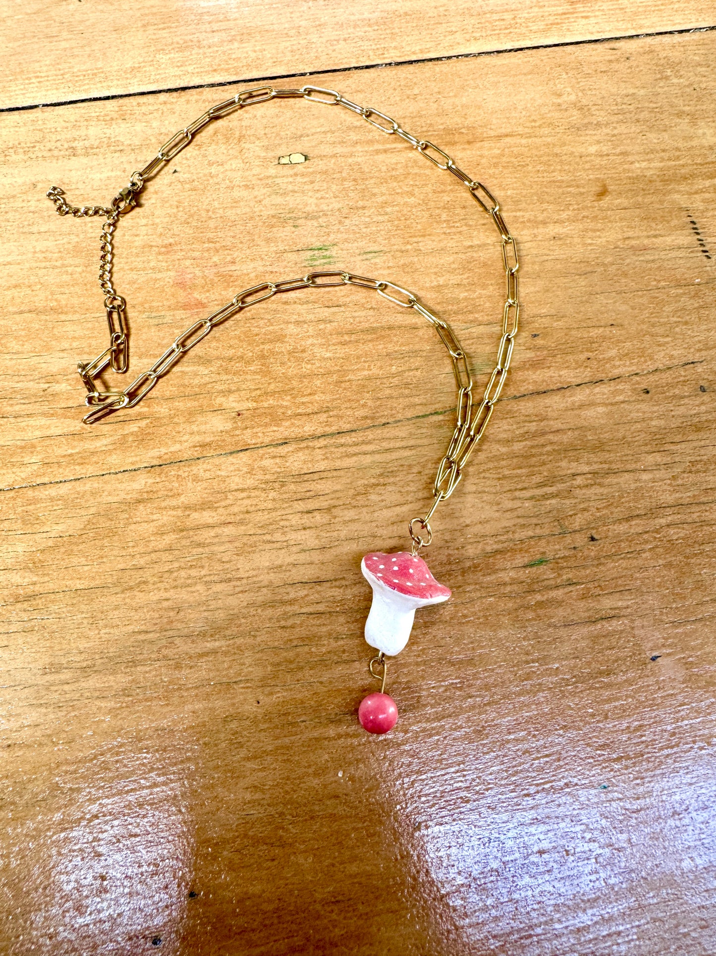 Handmade Ceramic Mushroom Necklace with Bead