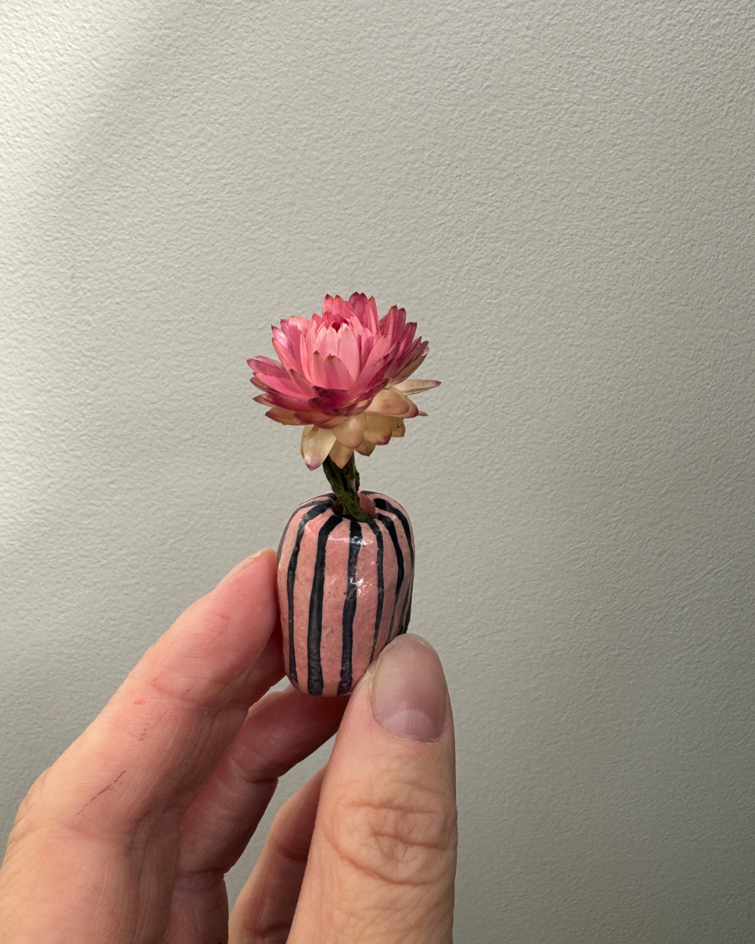 Mini Ceramic Vase Magnet – Pink with Dark Blue Stripe -  Handbuilt